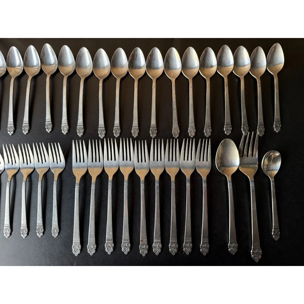 Vintage 53 piece Rogers Stainless Korea Flatware Ornate Floral Crown Royal